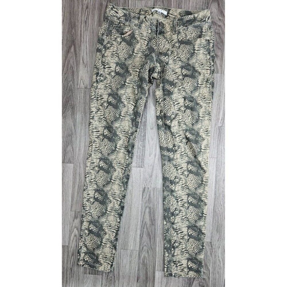 Cabi Womens Size 0 Pockets Animal Print Green Tan Skinny Leg Denim Jeans